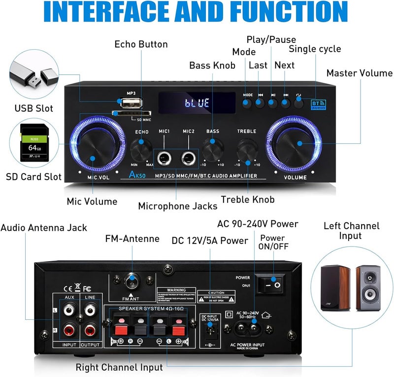 WOOPKER AK50 Amplifier Home Audio Stereo Receivers with Bluetooth 5.0,Max 500W,2.0 Channel Stereo Amplifier System for Home Theater Speakers,Garage,Home Amp with USB,SD,RCA,2 MIC in - Image 2
